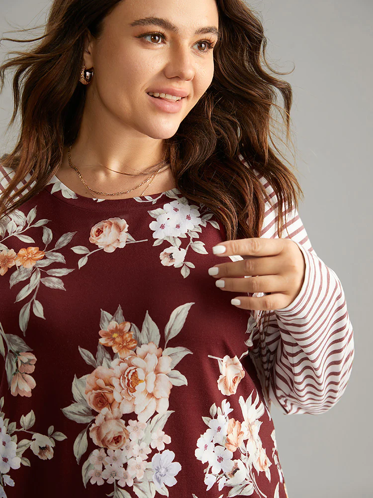 Striped Patchwork Floral Print T-shirt - Image 4
