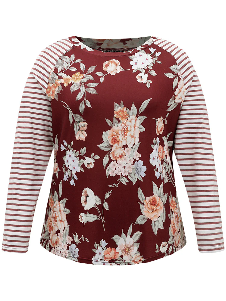 Striped Patchwork Floral Print T-shirt - Image 5