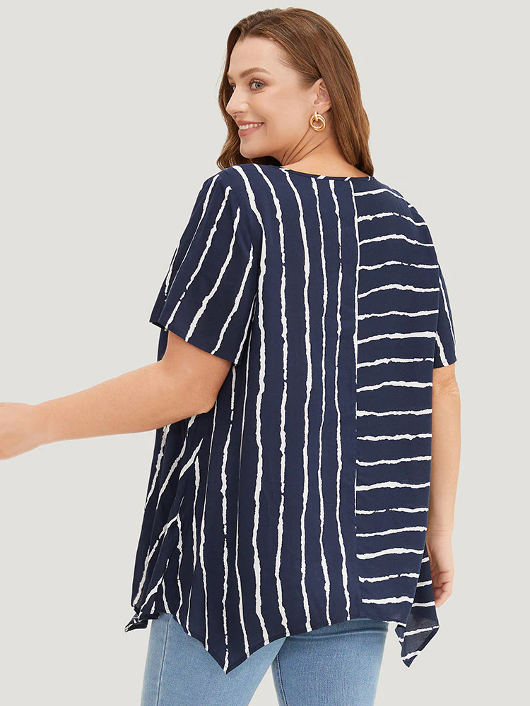 Striped Patchwork Hanky Hem Blouse - Image 2