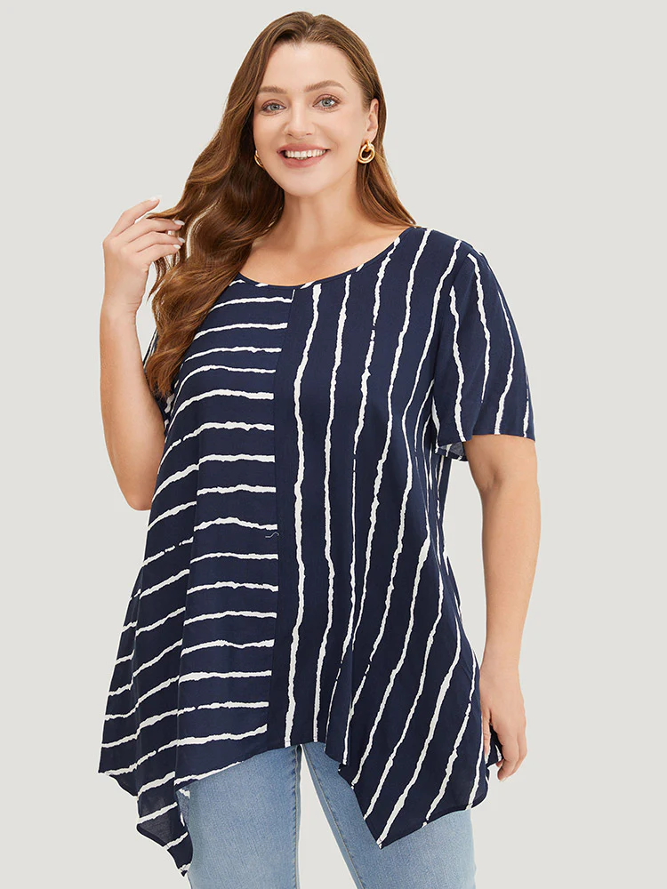 Striped Patchwork Hanky Hem Blouse - Image 3