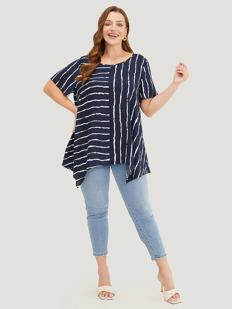 Striped Patchwork Hanky Hem Blouse - Image 4