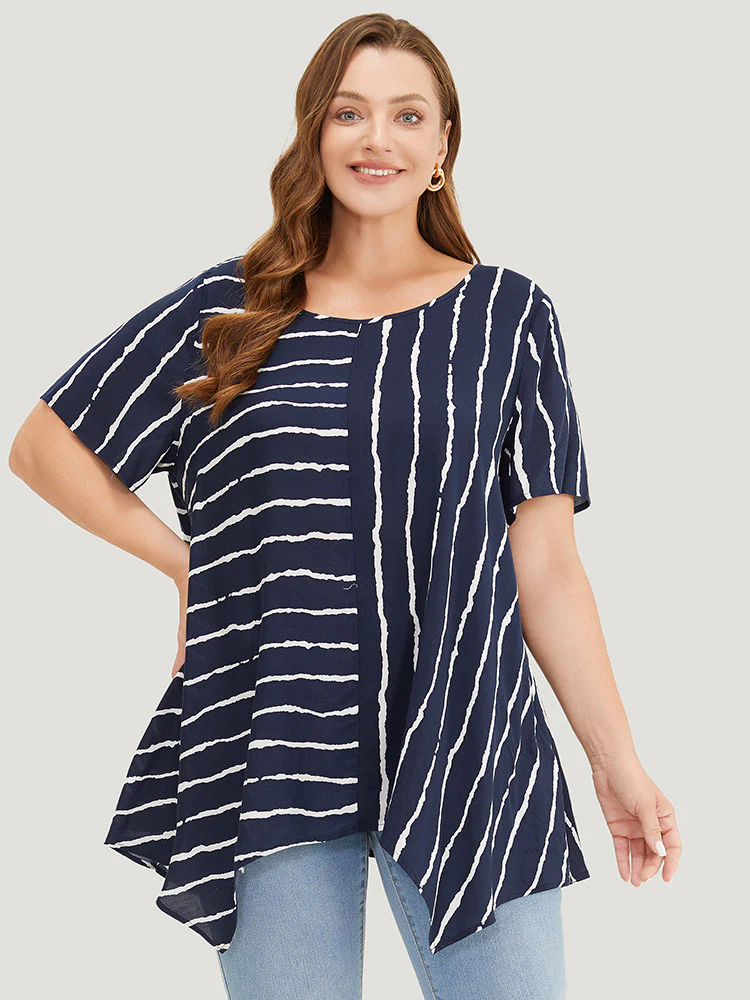 Striped Patchwork Hanky Hem Blouse - Image 5