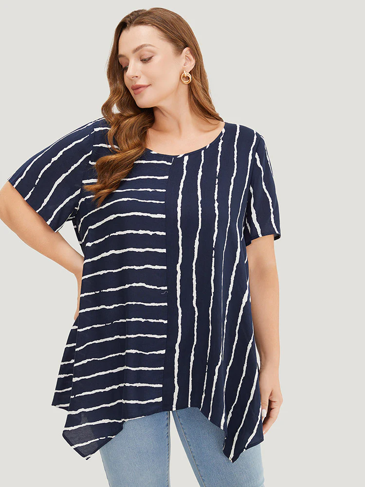 Striped Patchwork Hanky Hem Blouse - Image 6