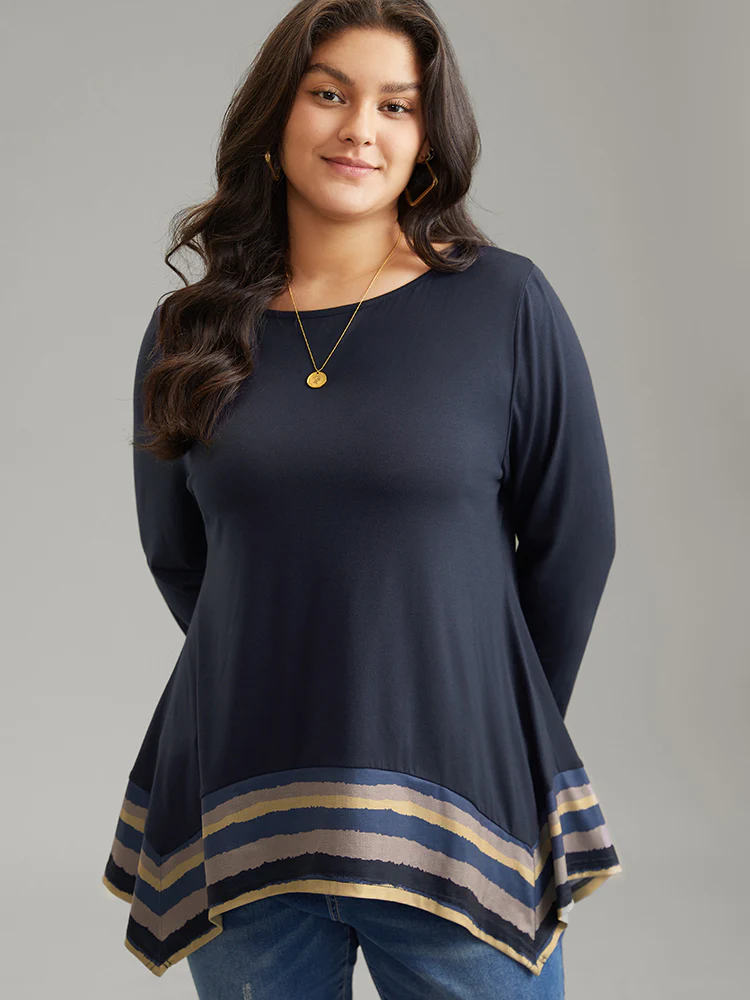 Striped Patchwork Hanky Hem T-shirt