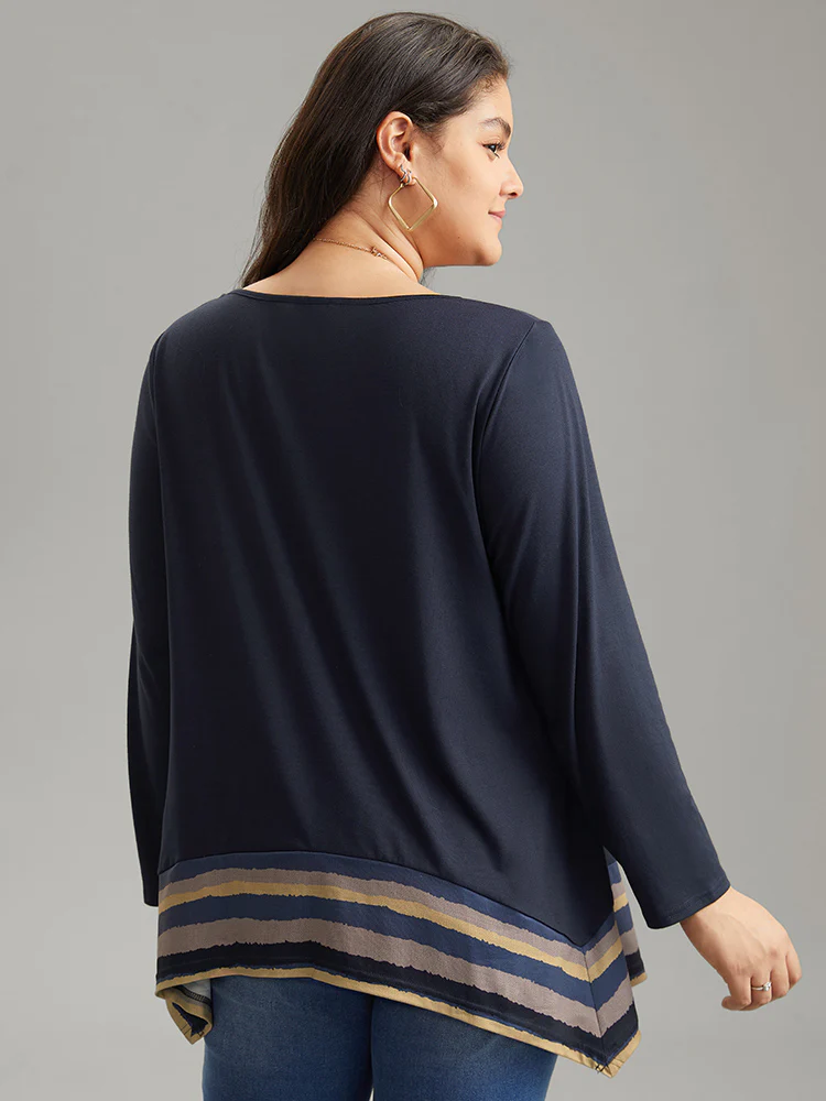 Striped Patchwork Hanky Hem T-shirt - Image 2