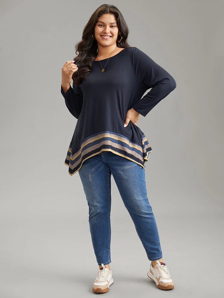 Striped Patchwork Hanky Hem T-shirt - Image 4
