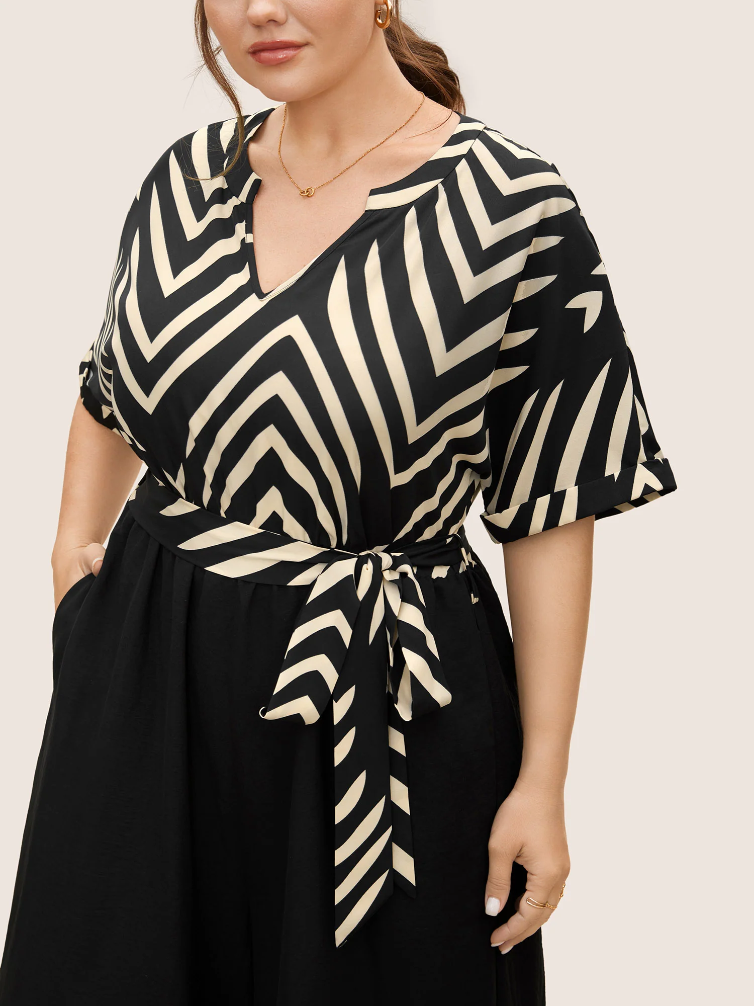 Striped Patchwork Knot Cuffed Sleeve Jumpsuit - Image 2
