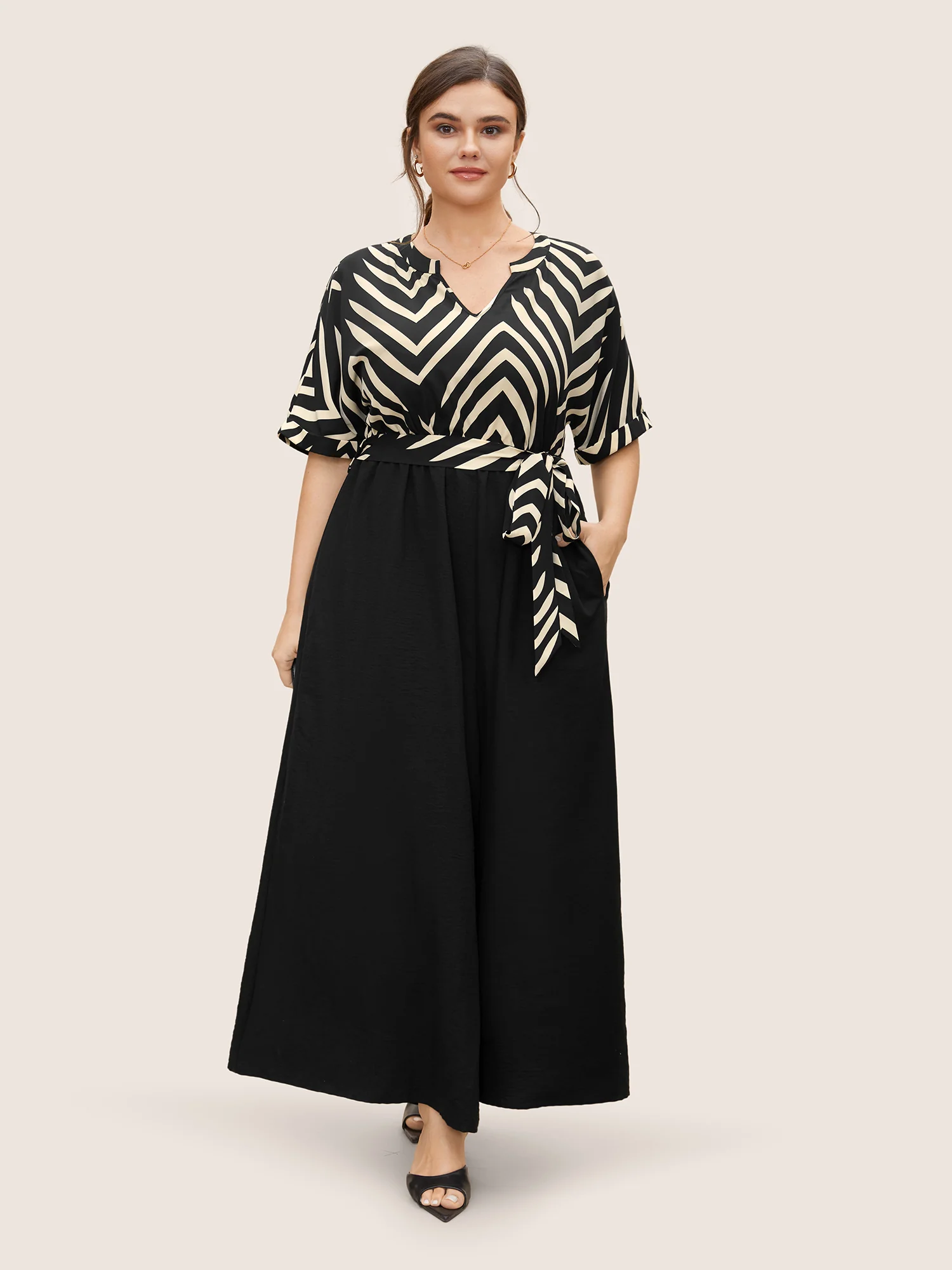 Striped Patchwork Knot Cuffed Sleeve Jumpsuit - Image 3