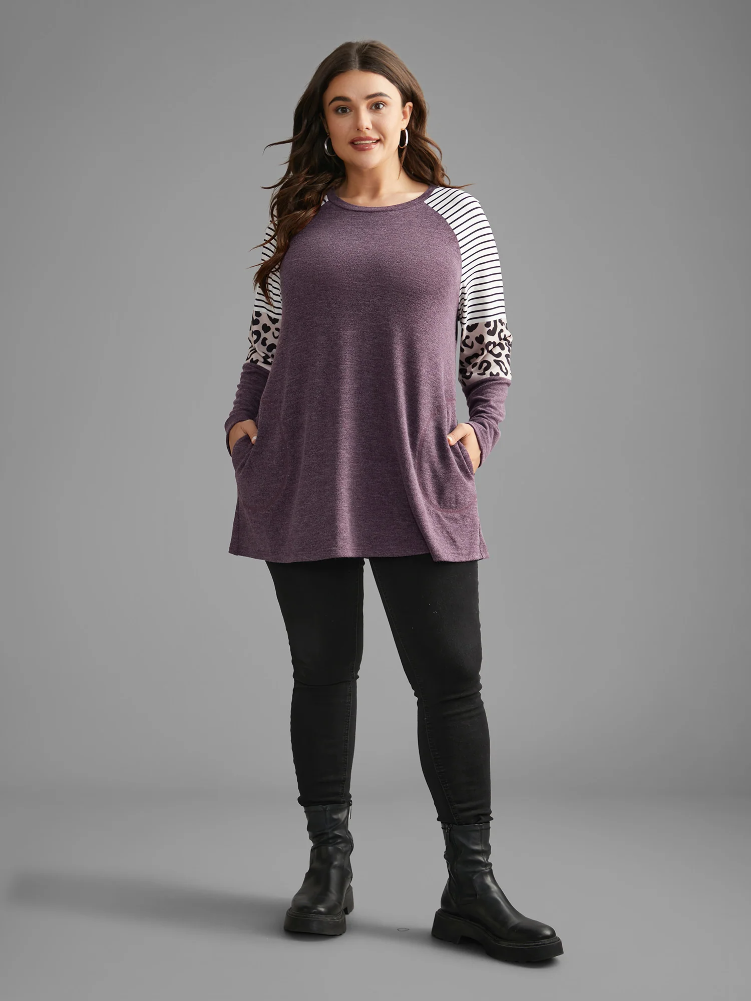 Striped Patchwork Leopard Pocket T-shirt - Image 5