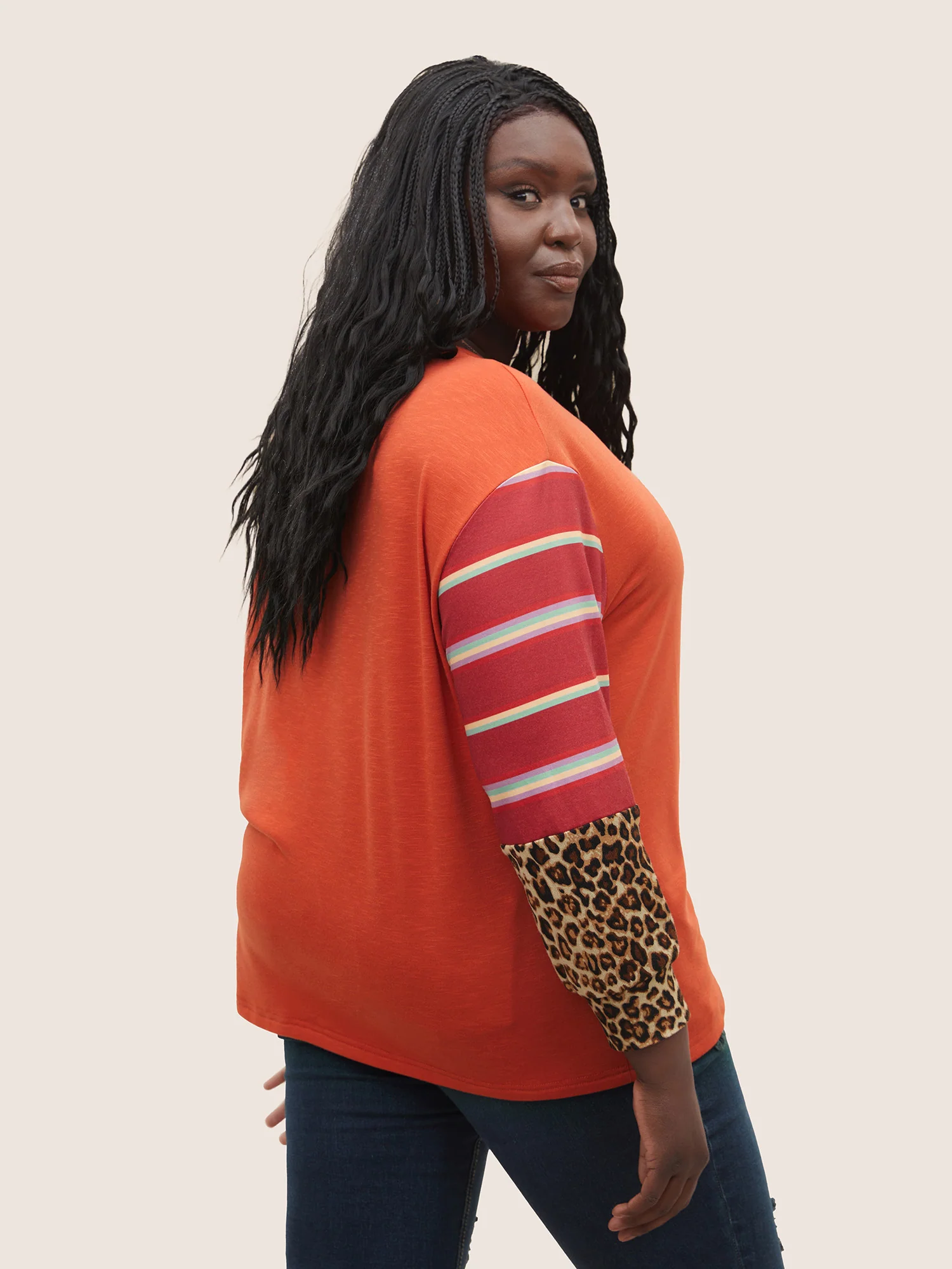 Striped Patchwork Leopard Round Neck Sweatshirt - Image 2