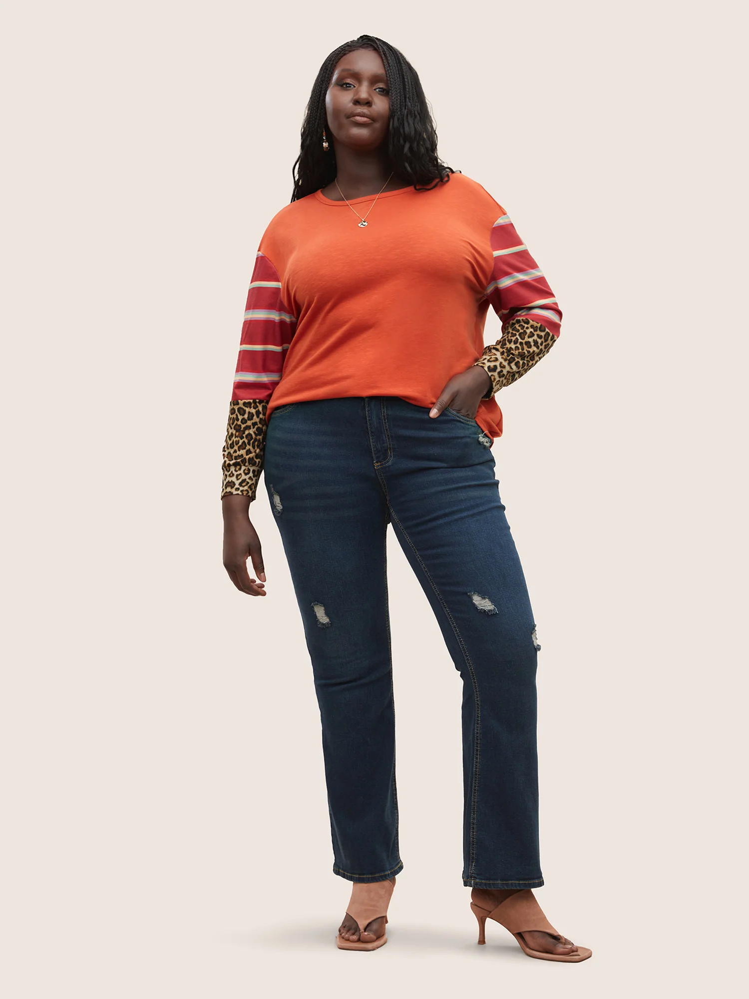 Striped Patchwork Leopard Round Neck Sweatshirt - Image 3