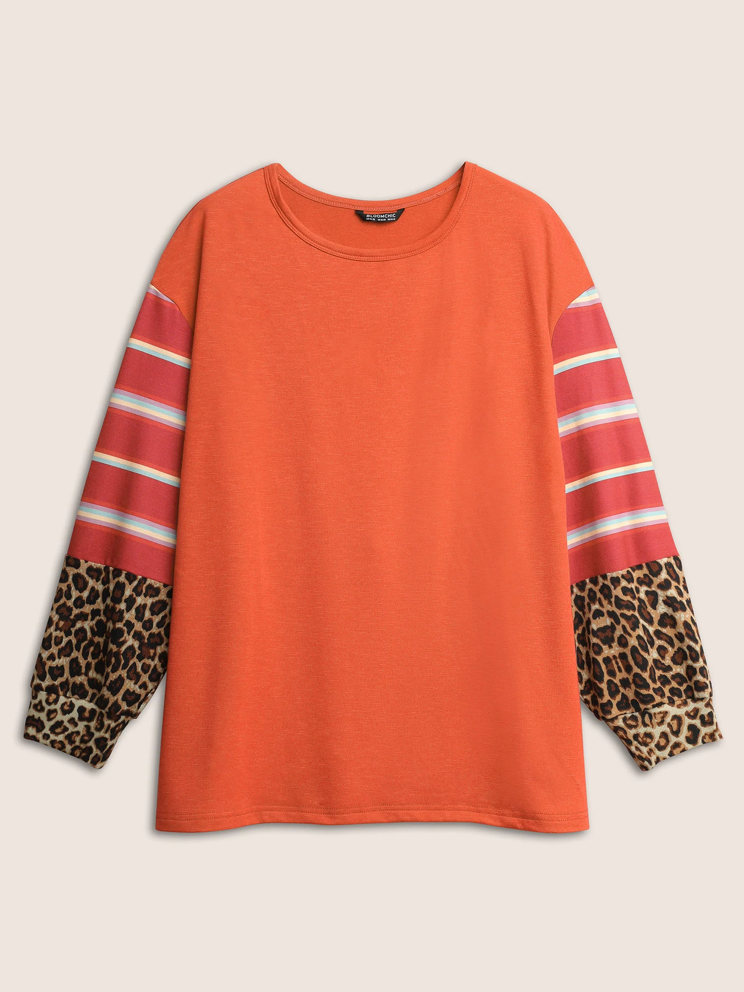 Striped Patchwork Leopard Round Neck Sweatshirt - Image 6