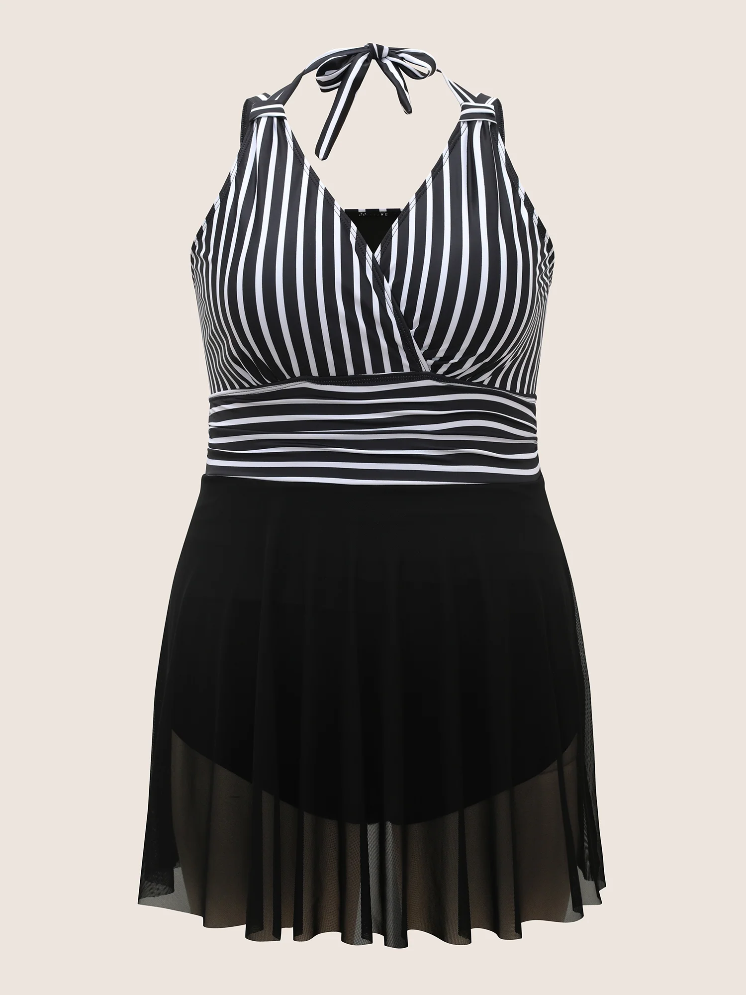 Striped Patchwork Mesh Tie Knot Swim Dress - Image 7