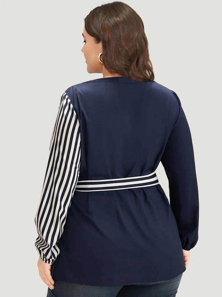 Striped Patchwork Notched Belted Lantern Sleeve Blouse - Image 2