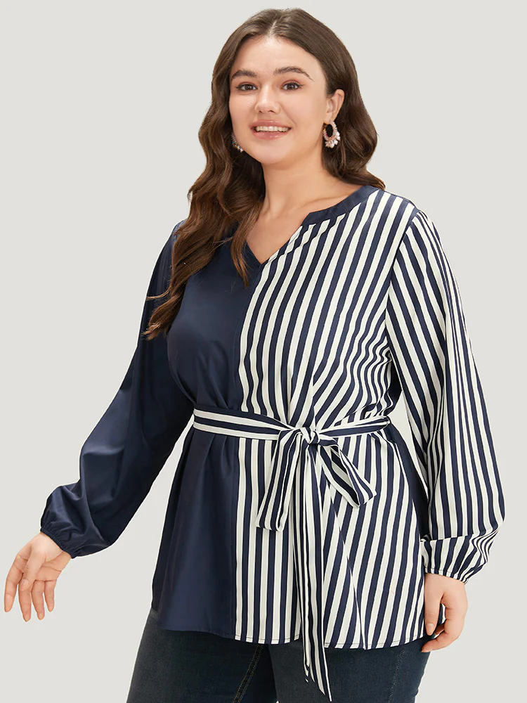 Striped Patchwork Notched Belted Lantern Sleeve Blouse - Image 3