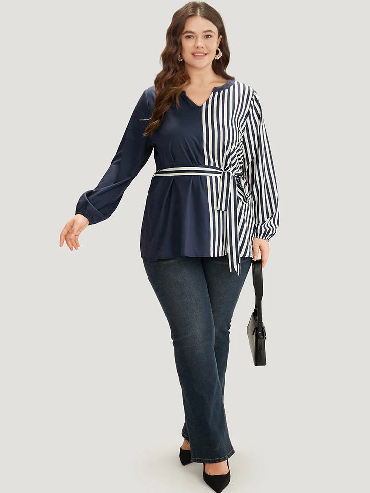 Striped Patchwork Notched Belted Lantern Sleeve Blouse - Image 4