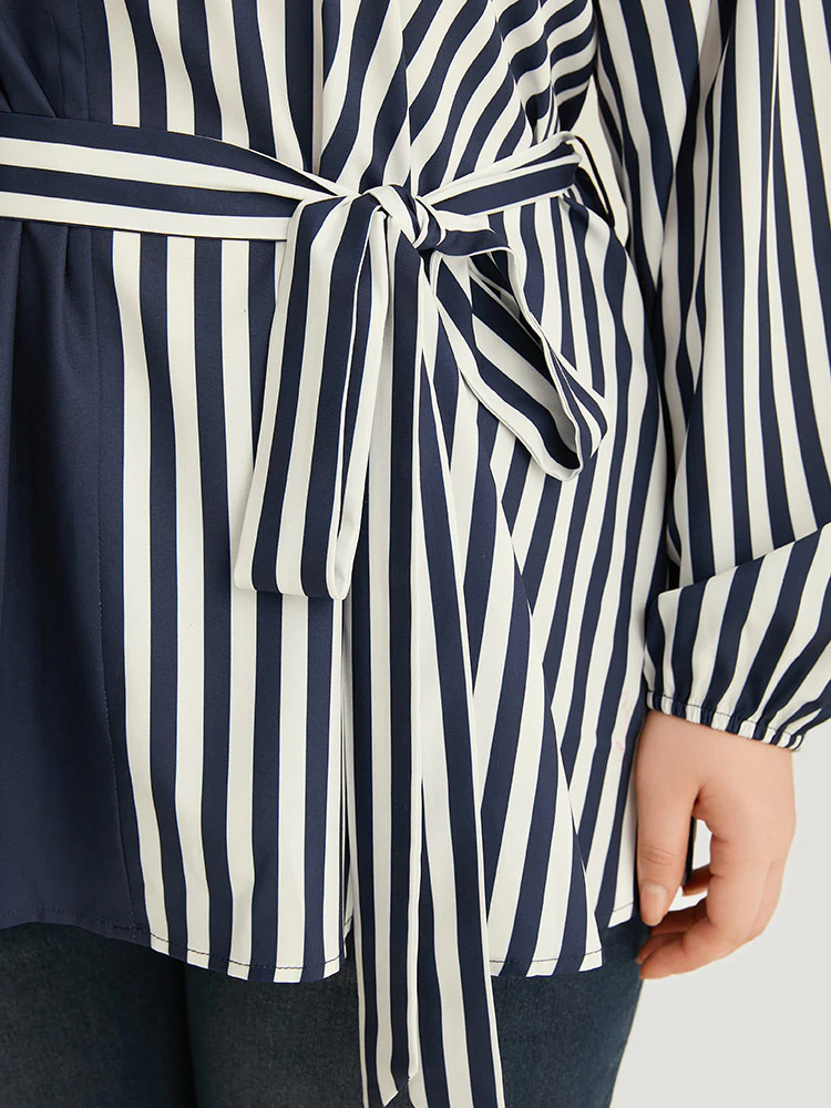 Striped Patchwork Notched Belted Lantern Sleeve Blouse - Image 5