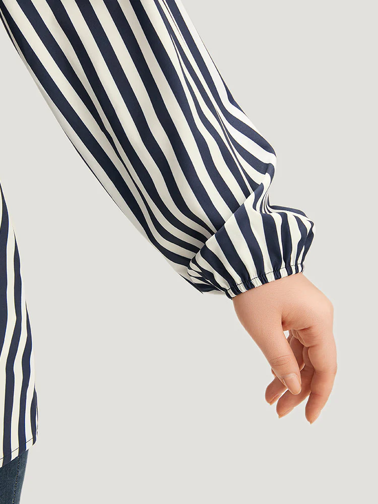 Striped Patchwork Notched Belted Lantern Sleeve Blouse - Image 7