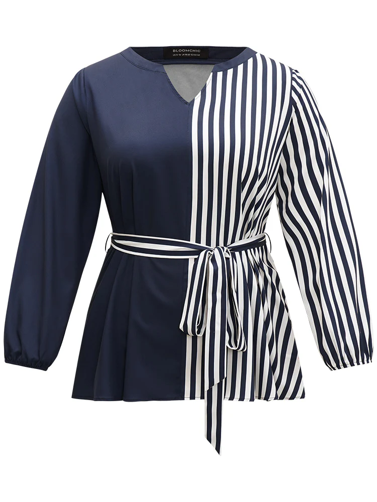 Striped Patchwork Notched Belted Lantern Sleeve Blouse - Image 8