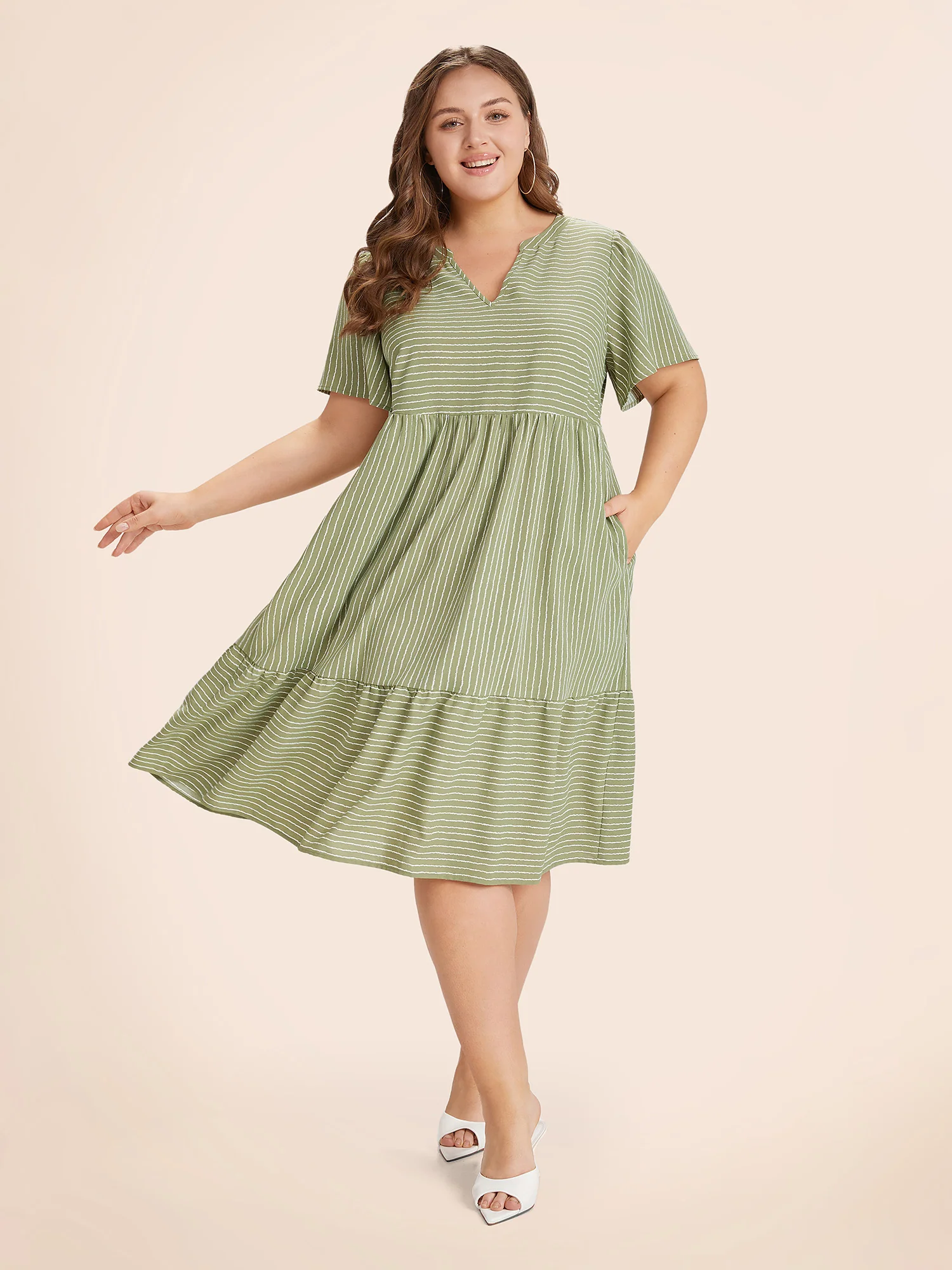 Striped Patchwork Notched Flutter Layered Babydoll Dress - Image 2