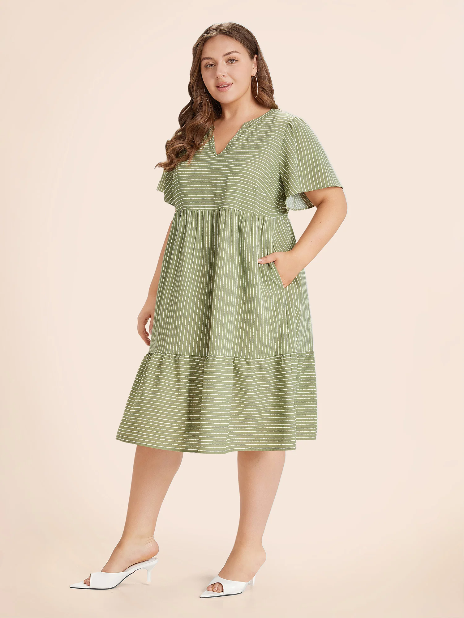 Striped Patchwork Notched Flutter Layered Babydoll Dress - Image 3