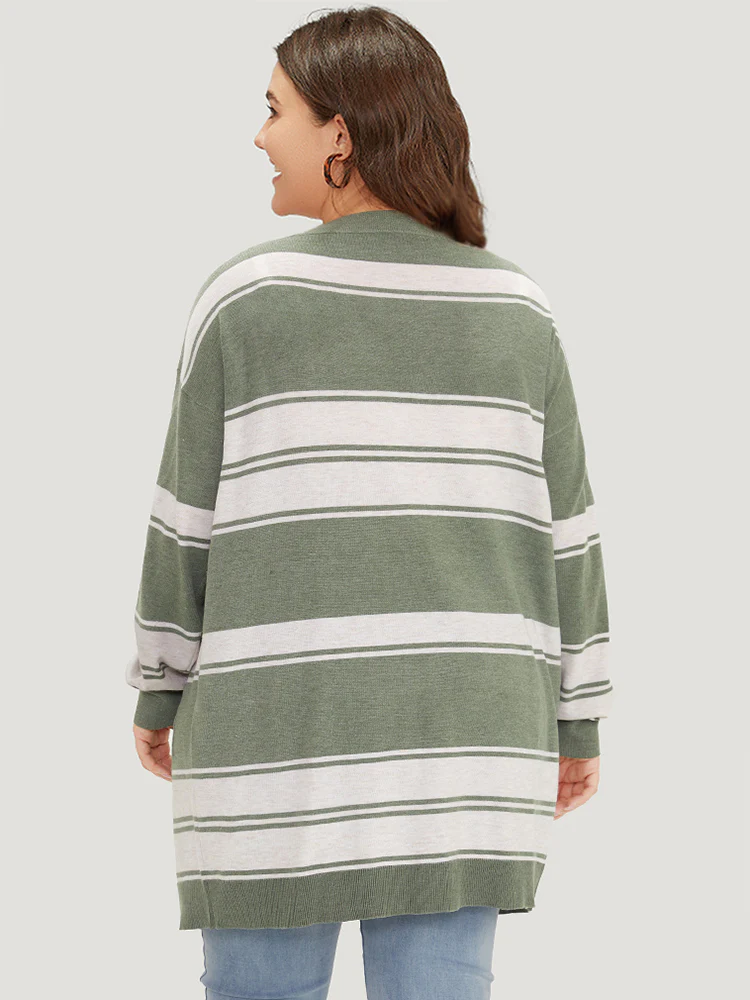 Striped Patchwork Open Front Pocket Cardigan - Image 2