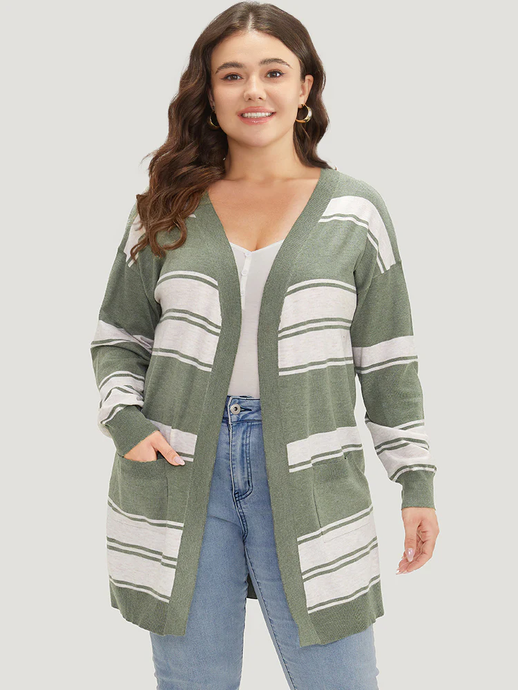 Striped Patchwork Open Front Pocket Cardigan - Image 3