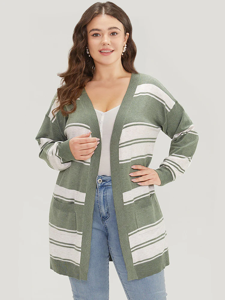 Striped Patchwork Open Front Pocket Cardigan - Image 4