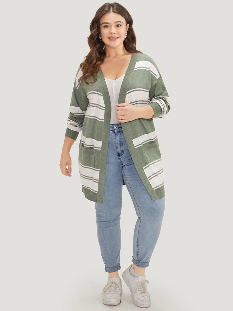 Striped Patchwork Open Front Pocket Cardigan - Image 5