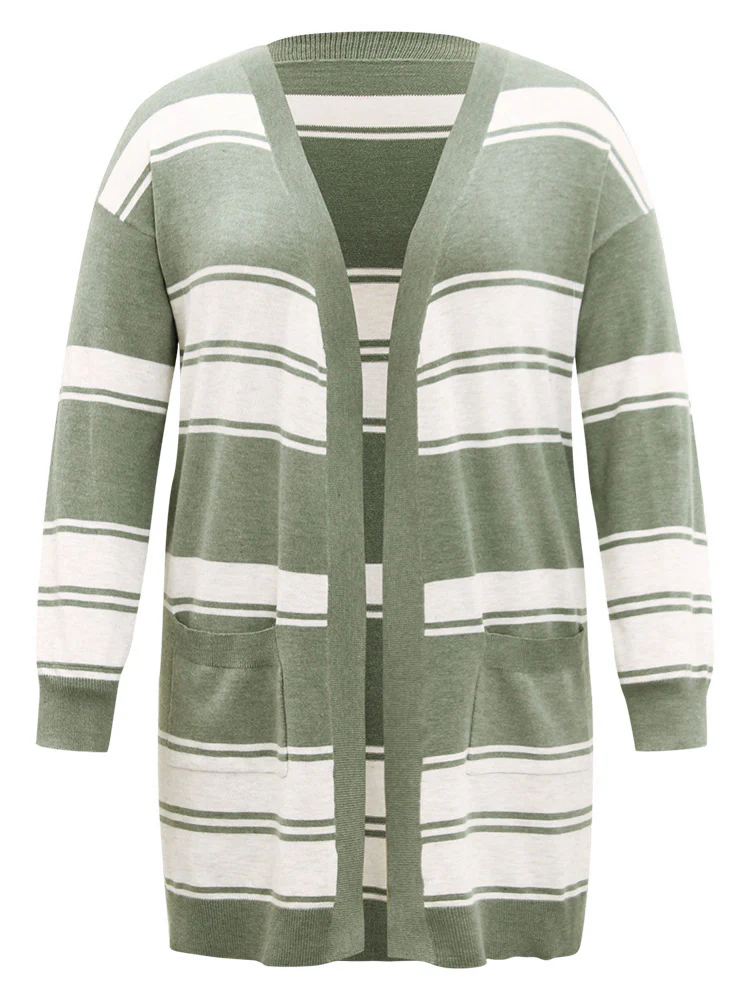 Striped Patchwork Open Front Pocket Cardigan - Image 9