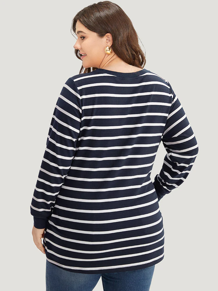 Striped Patchwork Pocket Lace Up Sweatshirt - Image 2