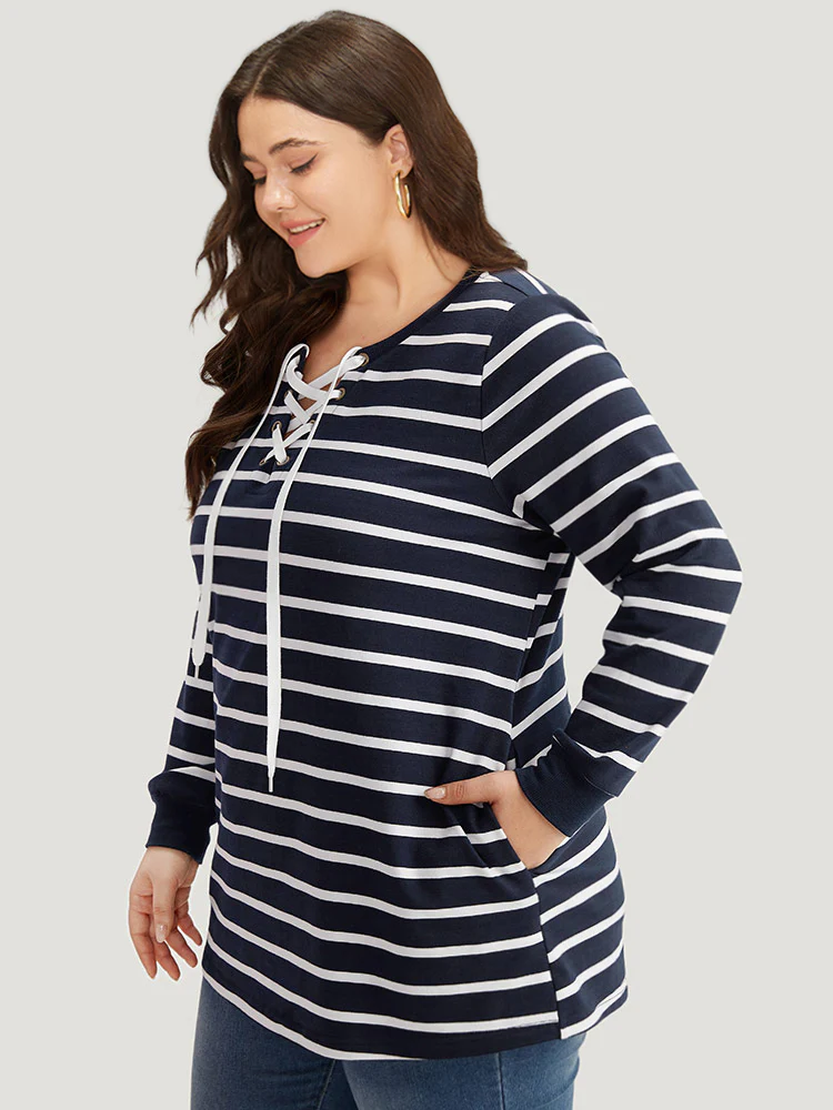 Striped Patchwork Pocket Lace Up Sweatshirt - Image 3