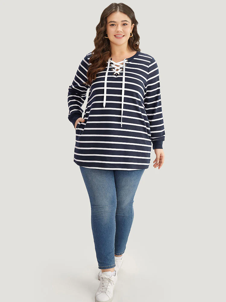 Striped Patchwork Pocket Lace Up Sweatshirt - Image 4