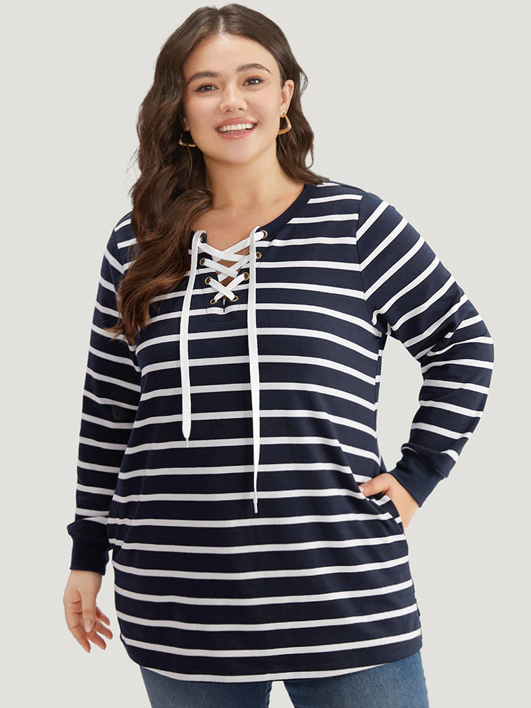 Striped Patchwork Pocket Lace Up Sweatshirt - Image 5