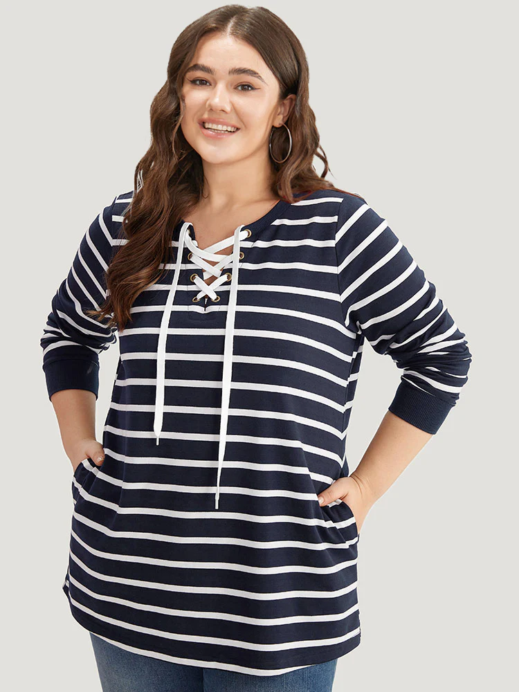Striped Patchwork Pocket Lace Up Sweatshirt - Image 6