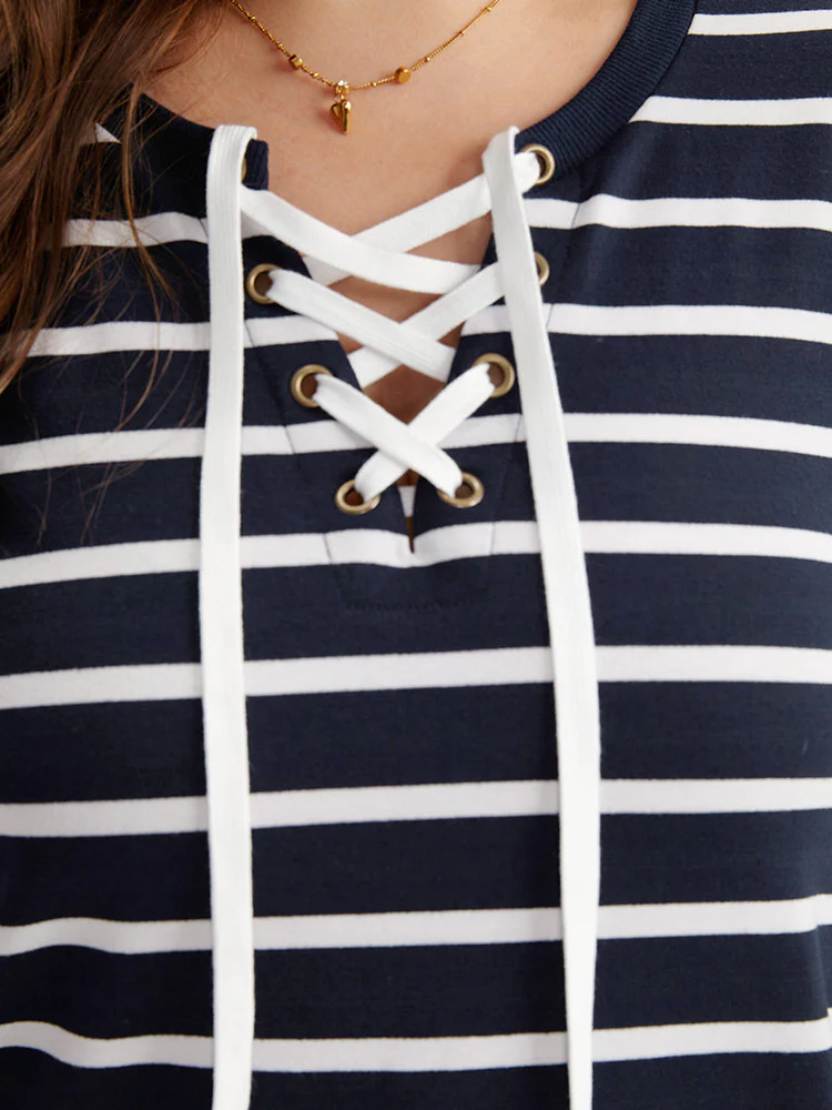 Striped Patchwork Pocket Lace Up Sweatshirt - Image 7