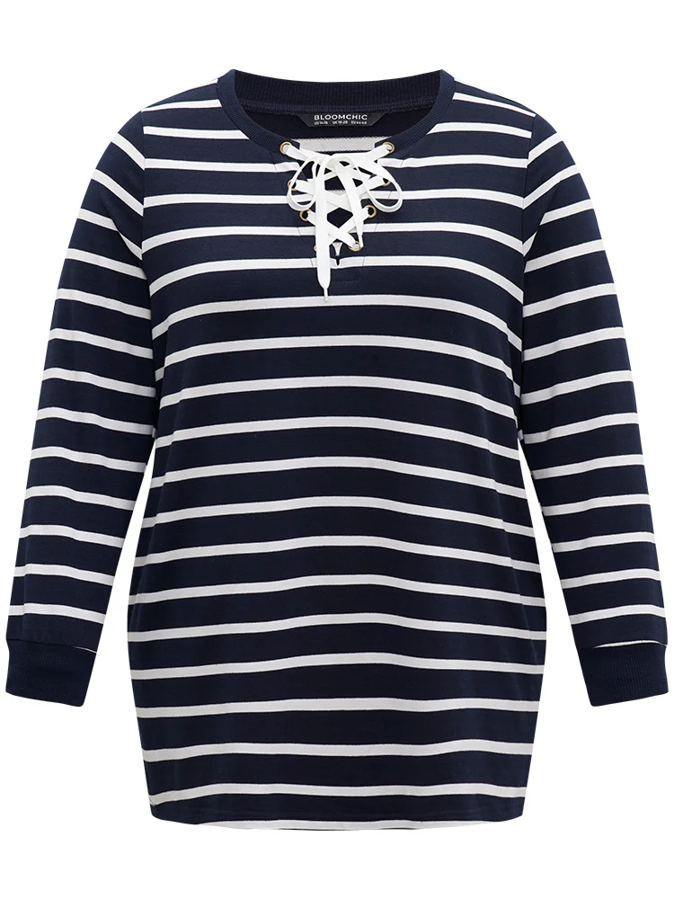 Striped Patchwork Pocket Lace Up Sweatshirt - Image 9