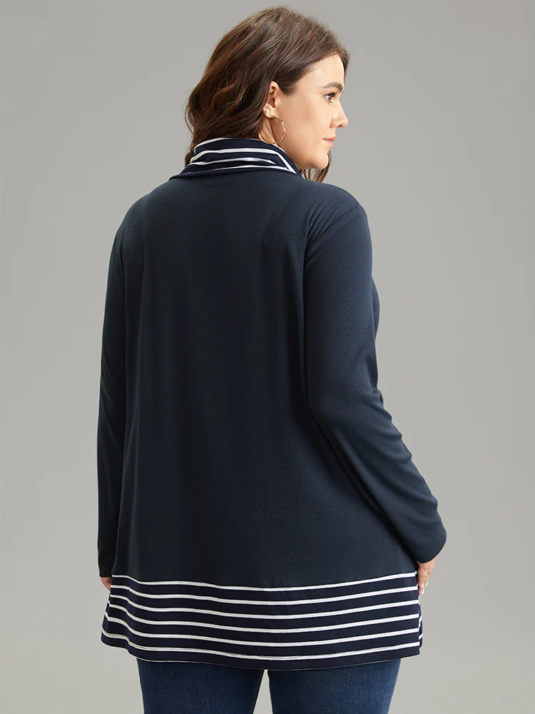 Striped Patchwork Pocket Turtleneck T-shirt - Image 2