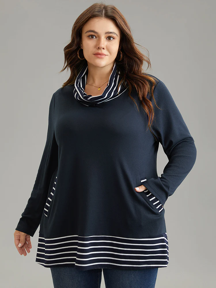 Striped Patchwork Pocket Turtleneck T-shirt - Image 3