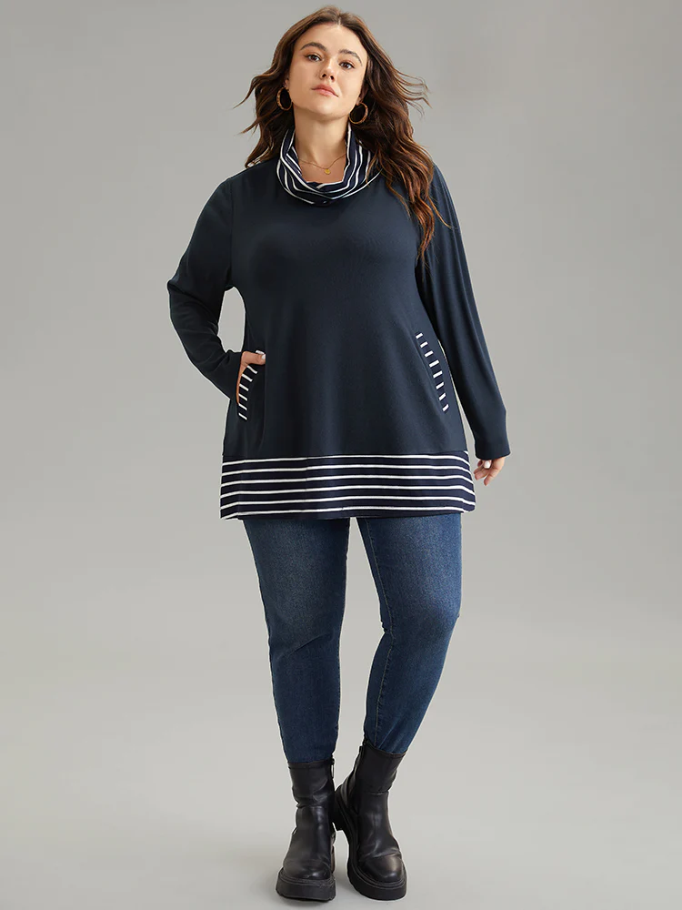 Striped Patchwork Pocket Turtleneck T-shirt - Image 4