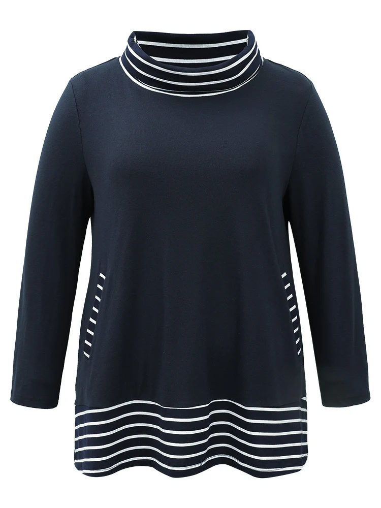 Striped Patchwork Pocket Turtleneck T-shirt - Image 6