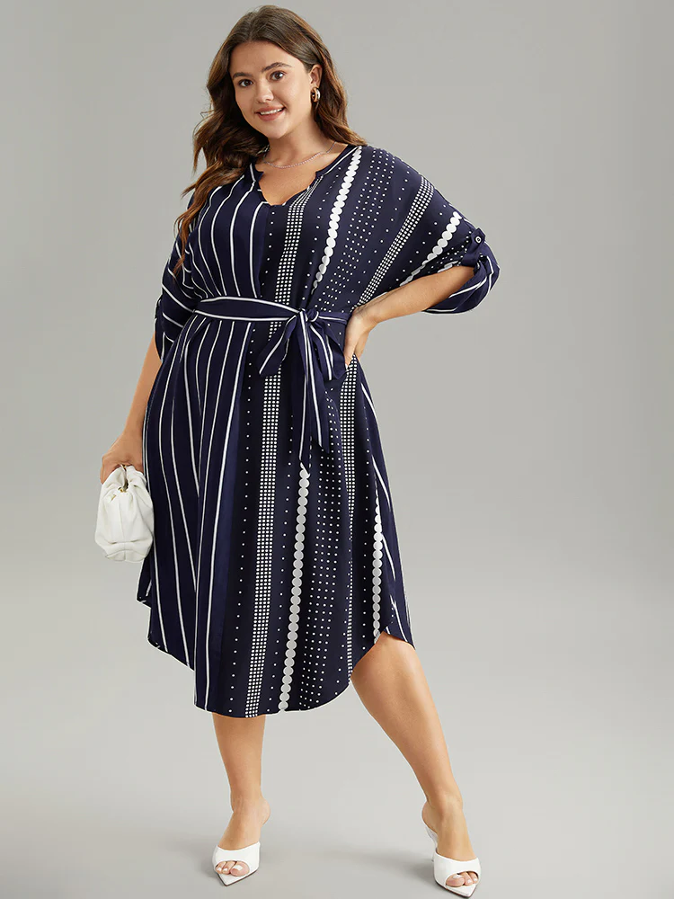 Striped Patchwork Polka Dot Belted Notched Dress - Image 2