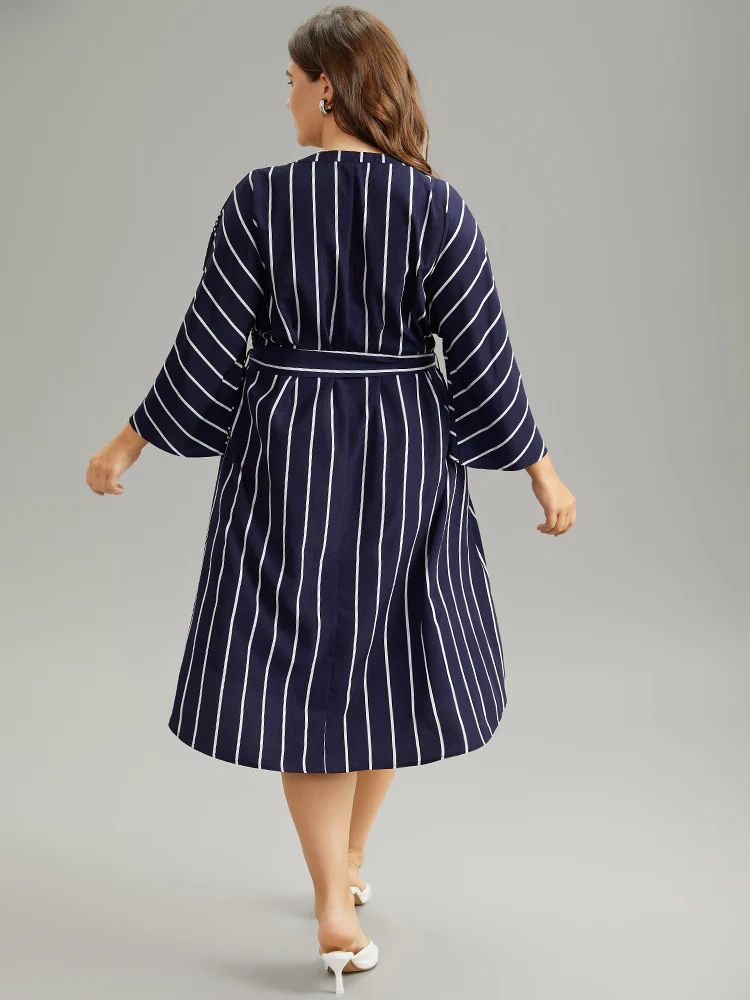 Striped Patchwork Polka Dot Belted Notched Dress - Image 3