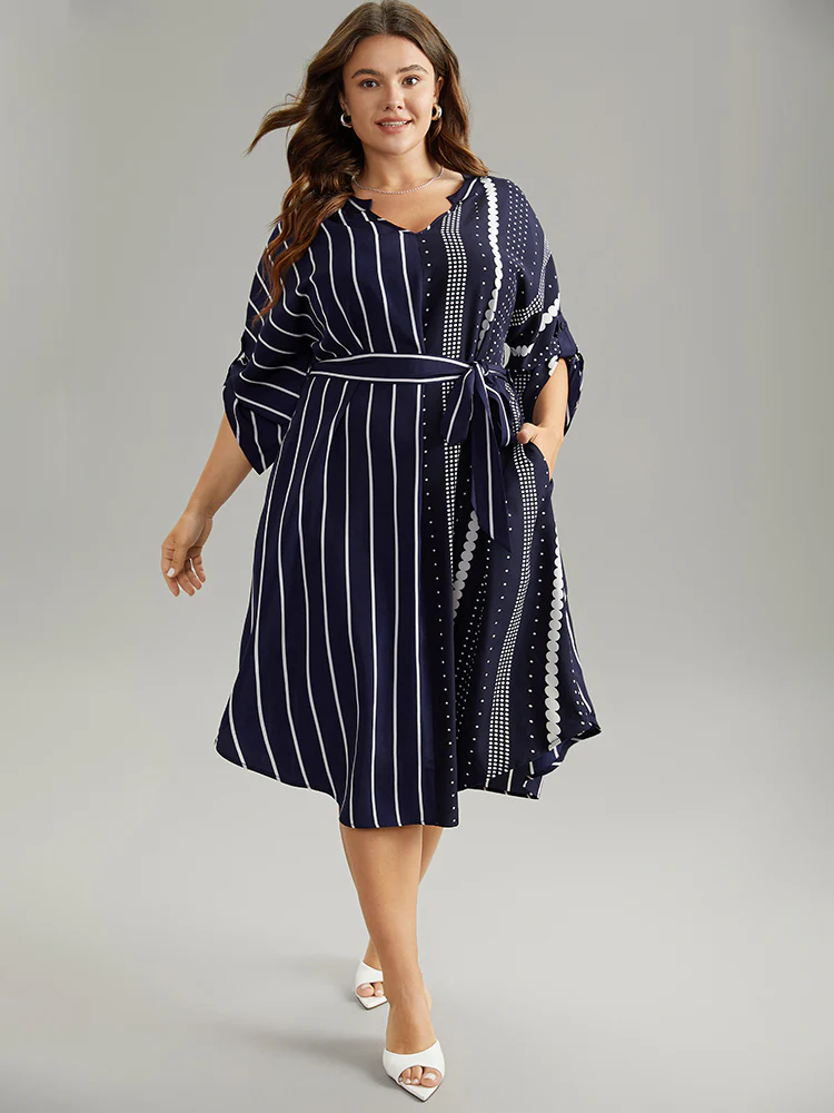 Striped Patchwork Polka Dot Belted Notched Dress - Image 4