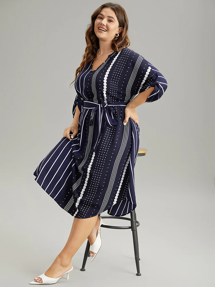 Striped Patchwork Polka Dot Belted Notched Dress - Image 5