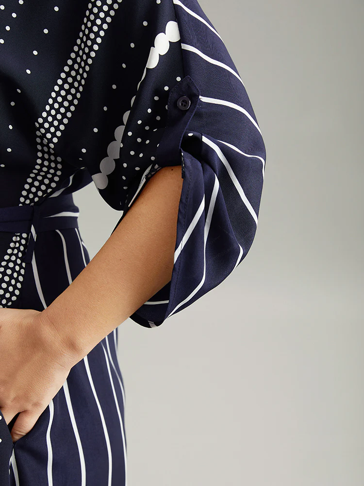 Striped Patchwork Polka Dot Belted Notched Dress - Image 6