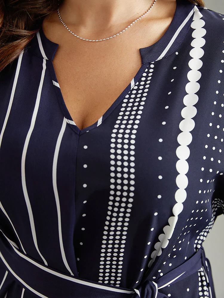 Striped Patchwork Polka Dot Belted Notched Dress - Image 7
