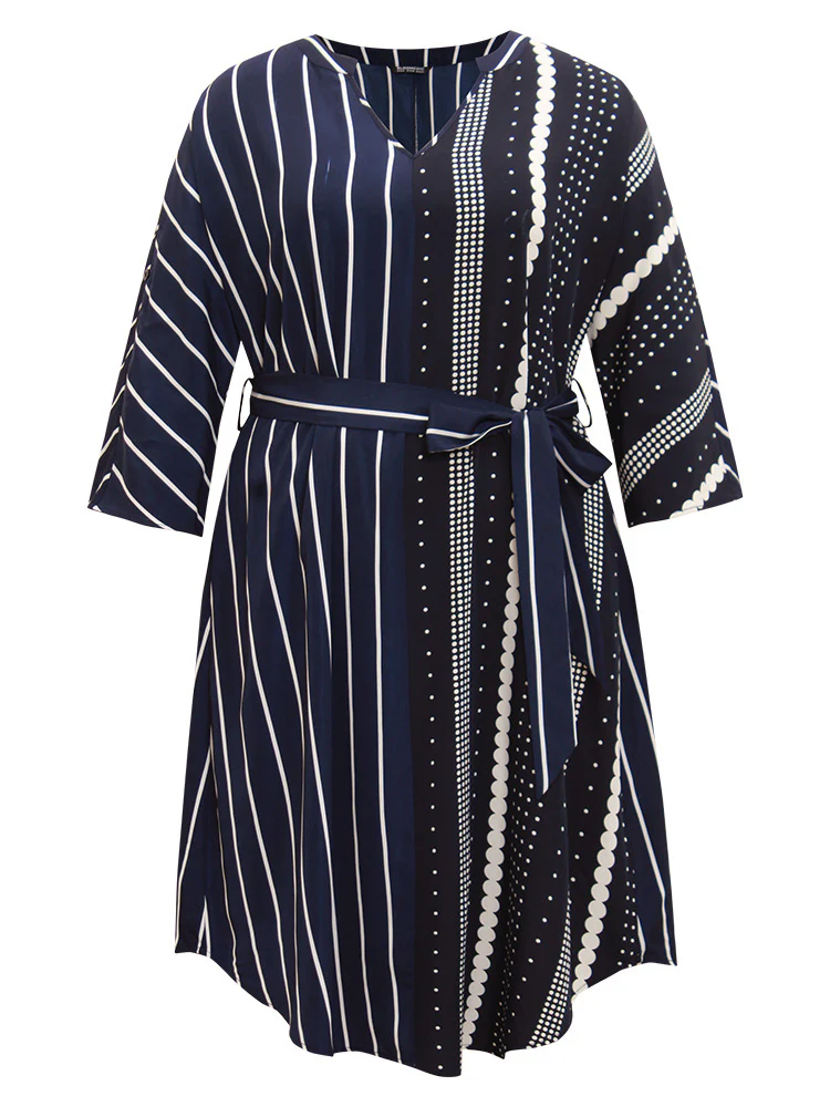 Striped Patchwork Polka Dot Belted Notched Dress - Image 8
