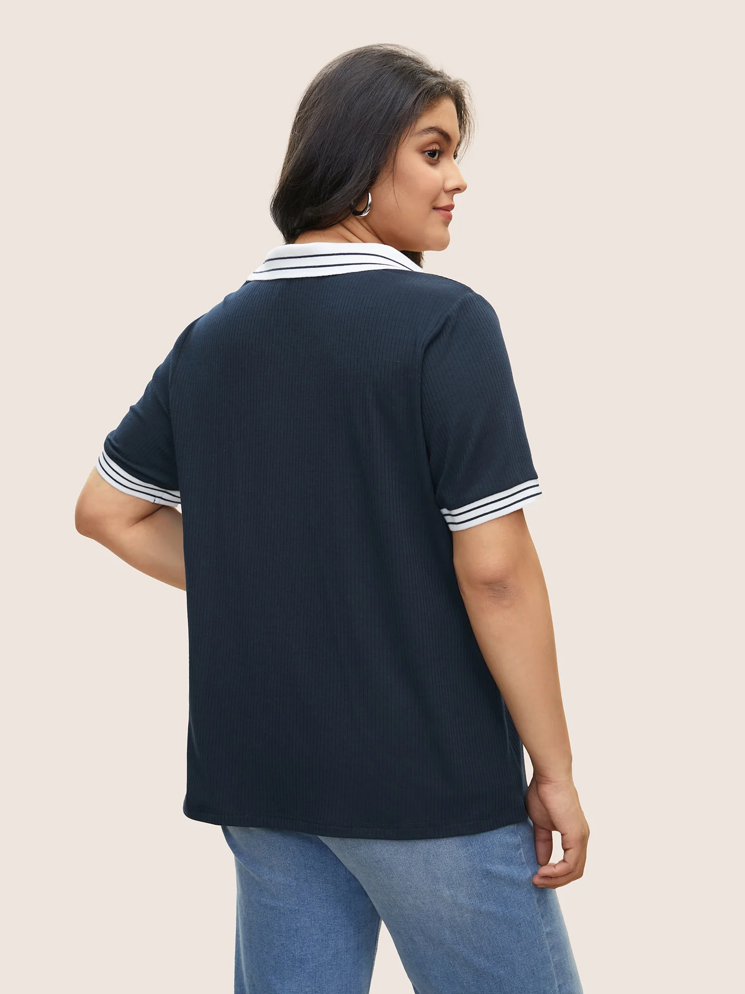 Striped Patchwork Polo Neck Rib Knit T-shirt - Image 2