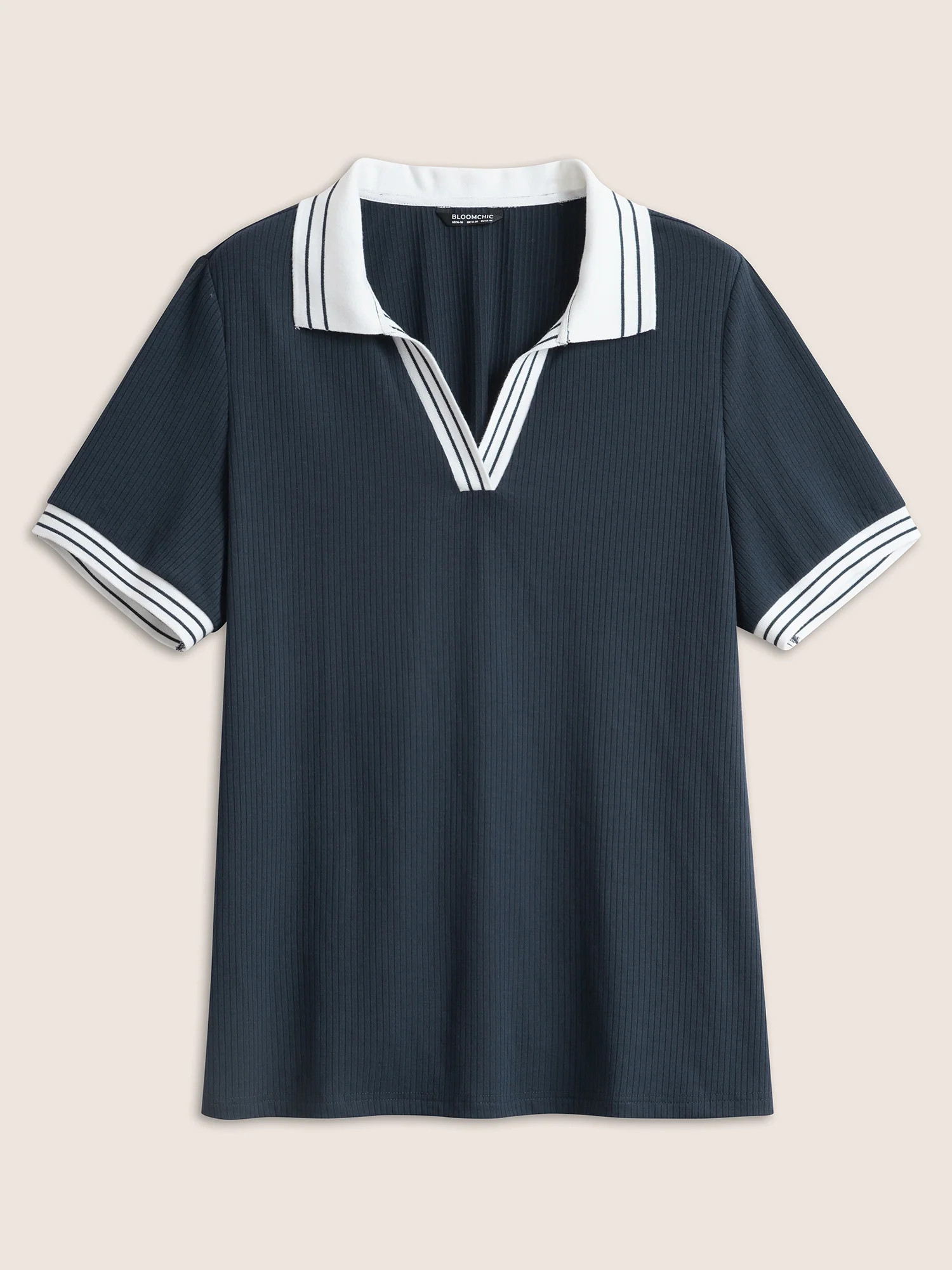 Striped Patchwork Polo Neck Rib Knit T-shirt - Image 6